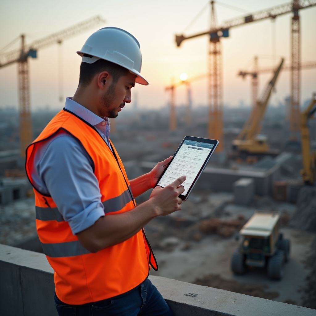 Руководитель строительного объекта проверяет данные о технике